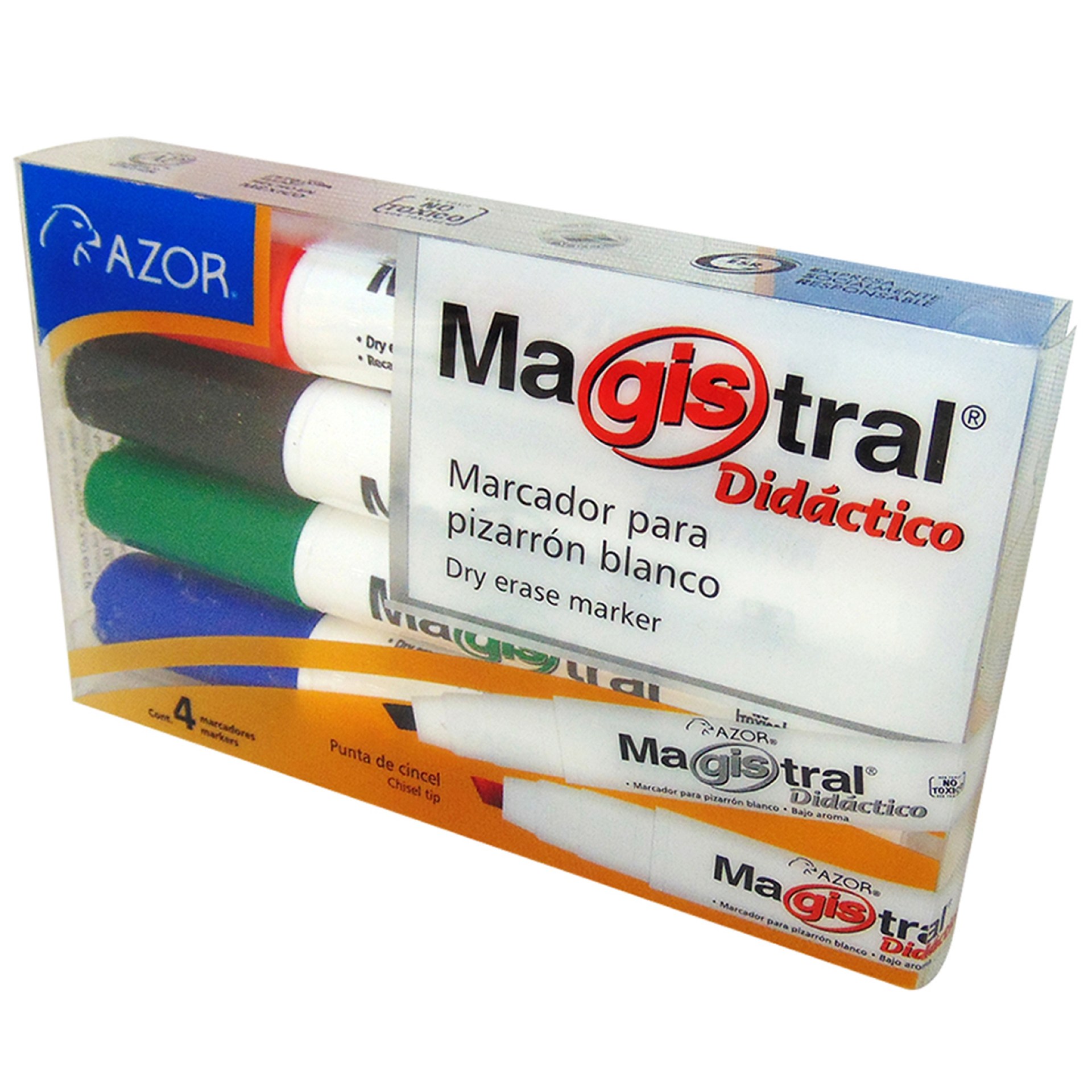 Marcador AZOR MAGISTRAL DIDÁCTICO 8354 Estuche. Paquete con 4 piezas. Negro – Azul, Rojo y Verde