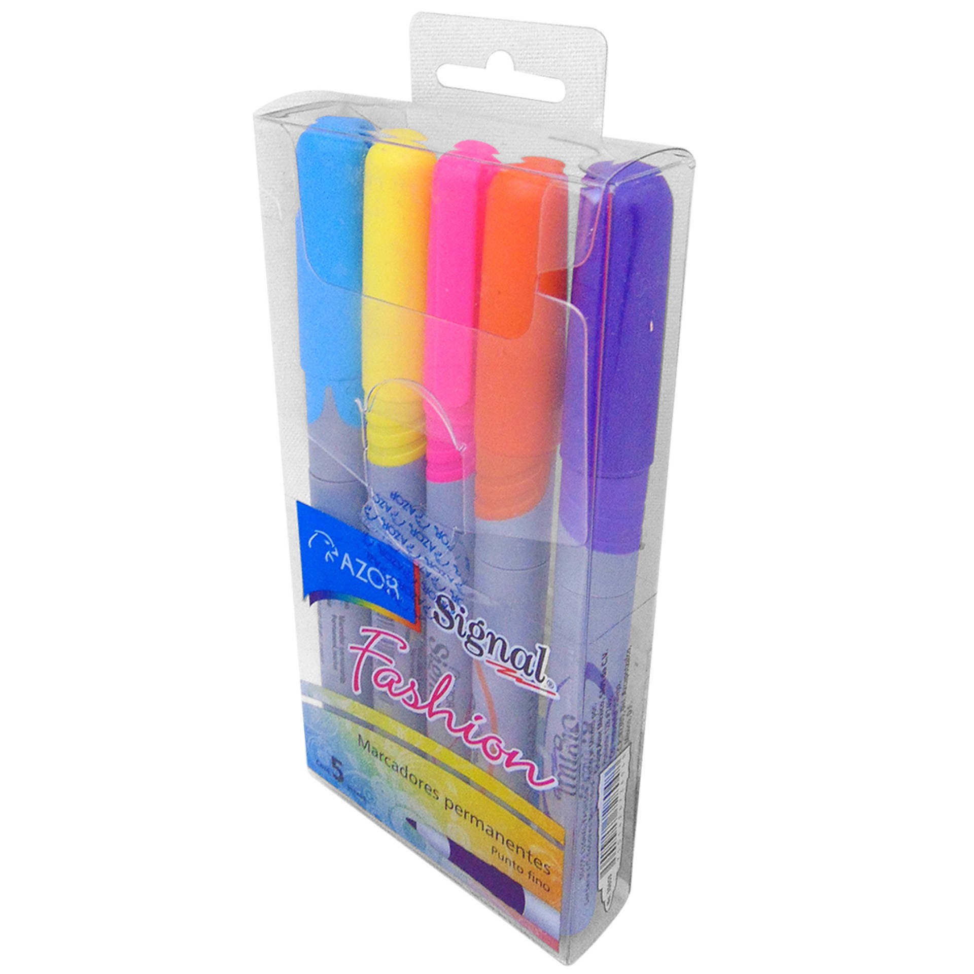 Marcador Permanente AZOR SIGNAL 30655 FASHION Estuche. Paquete con 5 Piezas. Colores Fucsia Azul – Amarillo, Rosa, Naranja y Violeta