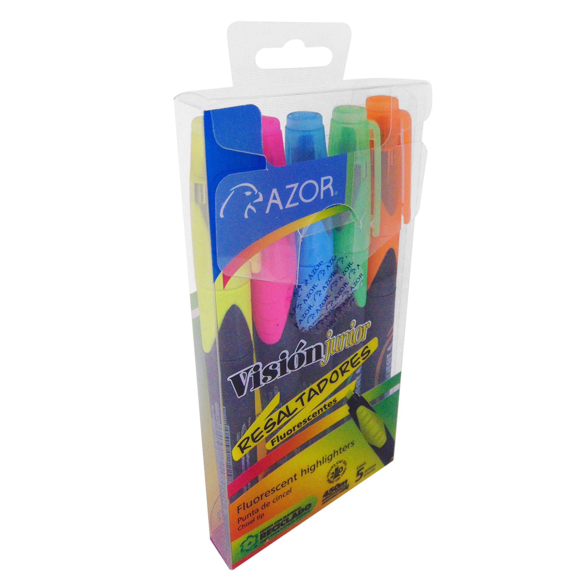 Resaltador AZOR VISION JR 2825 Estuche. Paquete con 5 Piezas. Amarillo – Rosa, Azul, Verde y Naranja. Punta Cincel 4mm.