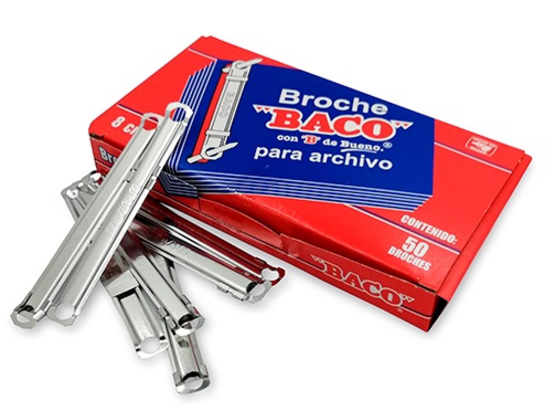 Broche Económico Metálico BACO B-082 14962. Ancho de 8 cm. Caja con 50 Broches. Ajustable. –