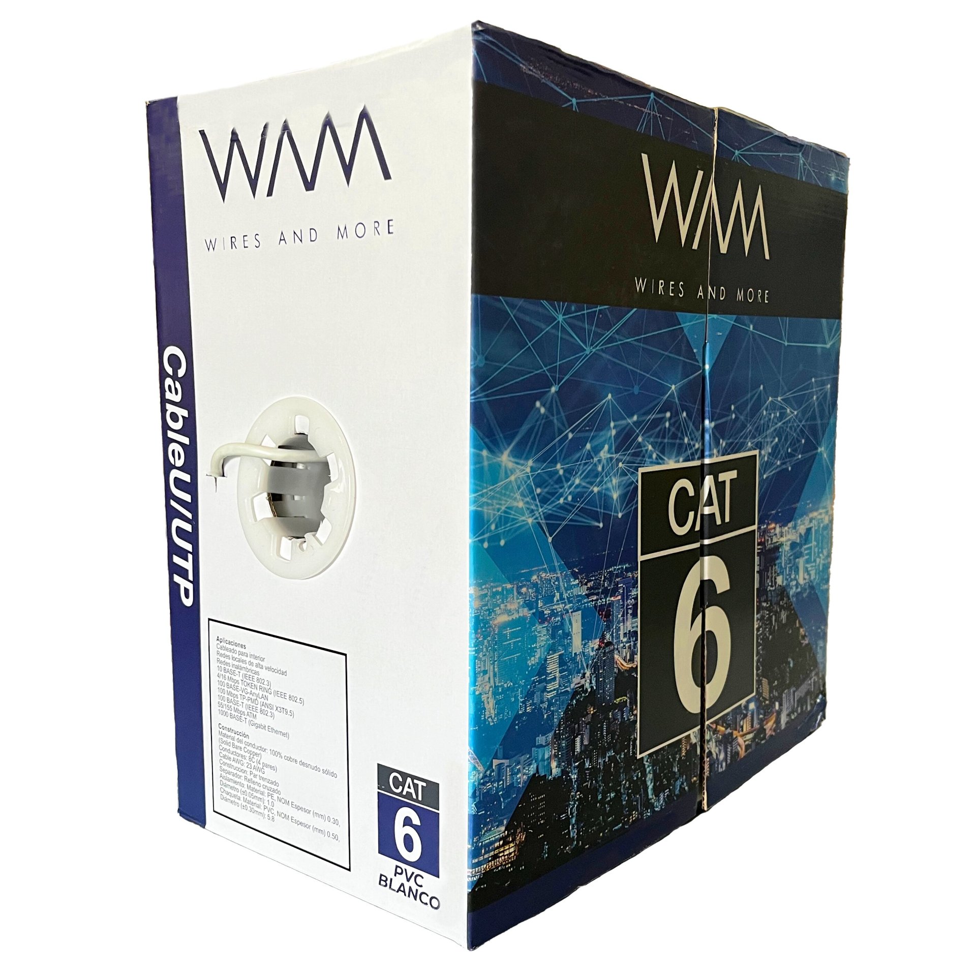 Cable UTP CAT6  para interior – 4 pares, 23 AWG, bobina de 305 mts, 100  cobre, color blanco