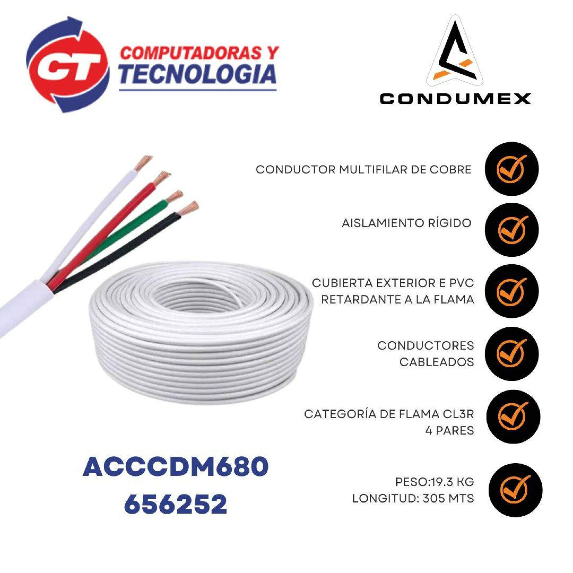 Cable para alarma CL2R – 4/22 AWG, bobina de 350 mt, 100  cobre, color blanco
