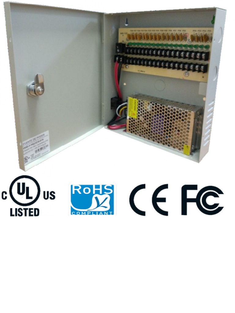 SAXXON PSU1210D18 – Fuente de Poder de 12 vcd/ 10 Amperes/ Para 18 Camaras/ 0.55 Amperes por Canal/ Protección contra Sobrecargas/ Certificación UL –