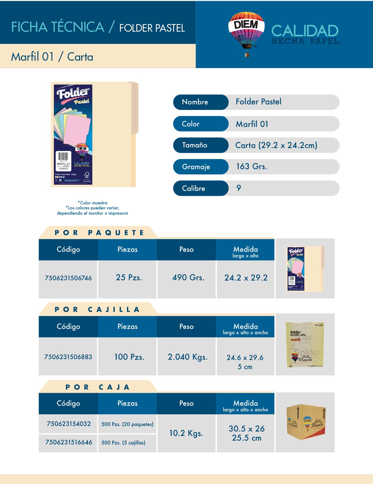 Folder Tamaño Carta DIEM. Color Crema. Cantidad: 100 Folders. Gramaje 163 grs. Calibre 9. Tamaño 29.2 x 24.2 cm. MF01C100. –