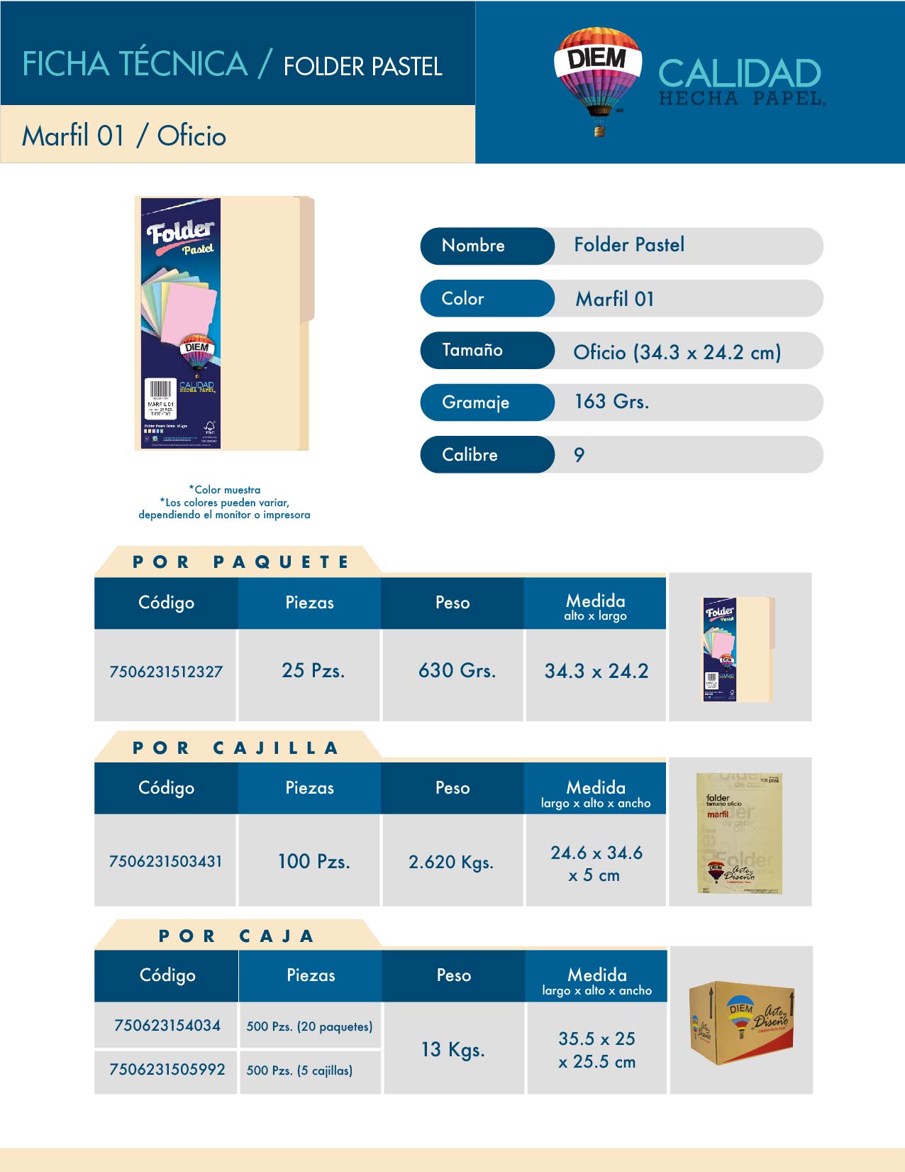 Folder Tamaño Oficio  DIEM. Color Crema. Cantidad: 100 folders. Gramaje 163 grs. Calibre 9. Tamaño 34.3 x 24.2 cm. MF01OC100 –