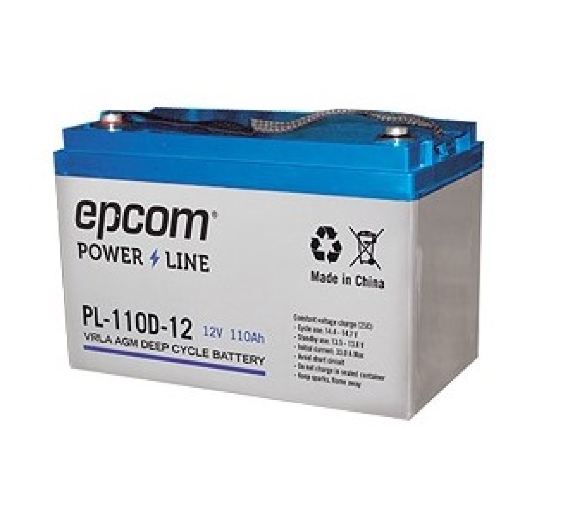Acumulador EPCOM PL-110-D12 – Sealed Lead Acid (VRLA), 110000 mAh, Dispositivo de seguridad, 12 V, Azul, Blanco