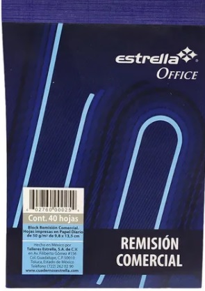 Block de Remisión Comercial ESTRELLA 0025. 40 Hojas. Medidas: 9.8 x 13.5 cm –