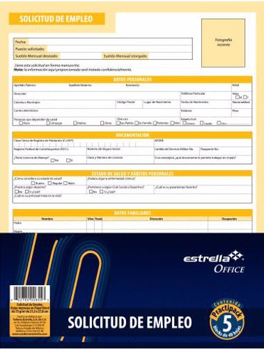 Block Solicitud de Empleo ESTRELLA 0026. 40 hojas. Tamaño Carta. –