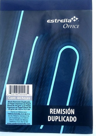 Block de Remisión ESTRELLA 0658. 44 Hojas. Tamaño Media Esquela. Con Duplicado. –