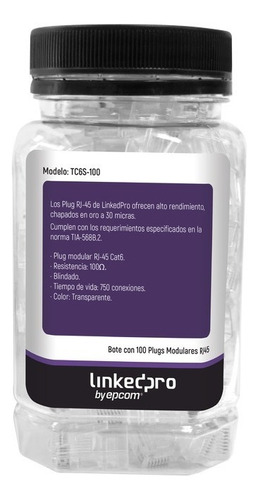 Bote TC6S-100 con 100 Piezas de Plug Modular RJ45 Cat6 blindado – chapado de oro a 30 micras para durabilidad extrema SIN PIN DE TIERRA