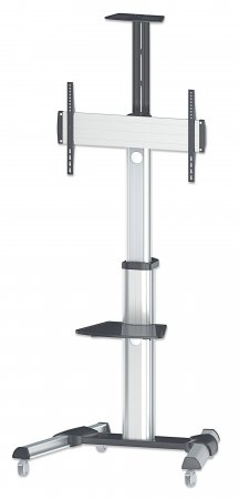 461245 Soporte de aluminio tipo carrito para TV de 37 pulgadas a 86 pulgadas inclinación de -12 a 5° – rotación de TV de 90°;repisas removibles.