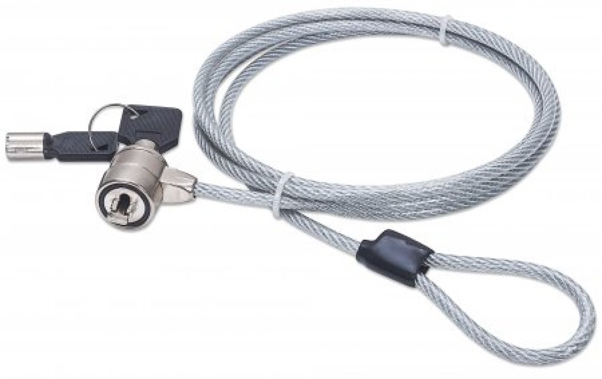 440271 Candado para Laptop con cerradura de llave – cable de acero y recubrimiento PVC transparente de 1.5mts de largo.