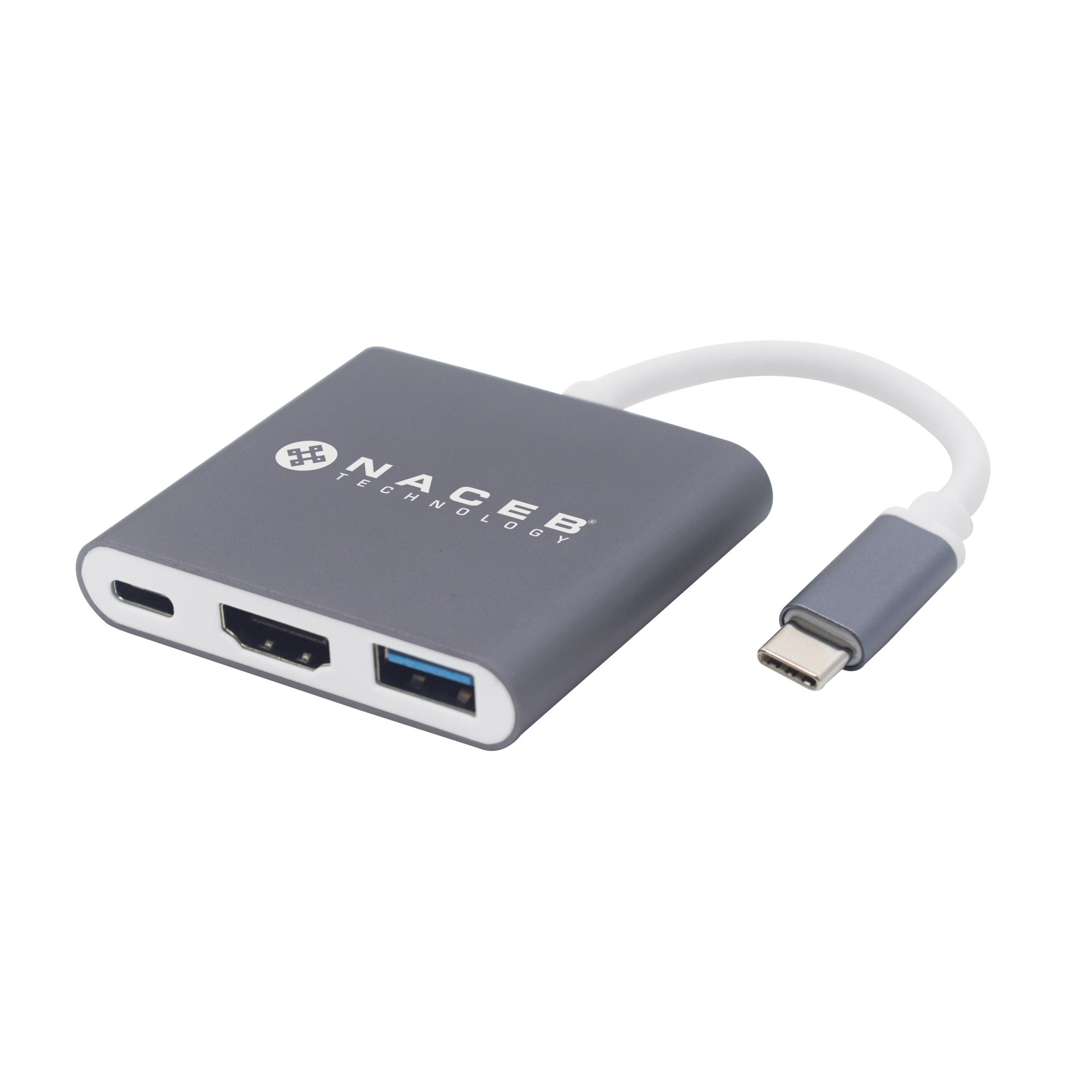 Adaptador Tipo C a HDMI + USB 3.0 + PD Naceb Technology NA-0111 – Plata, USB C, HDMI + USB 3.0 + PD