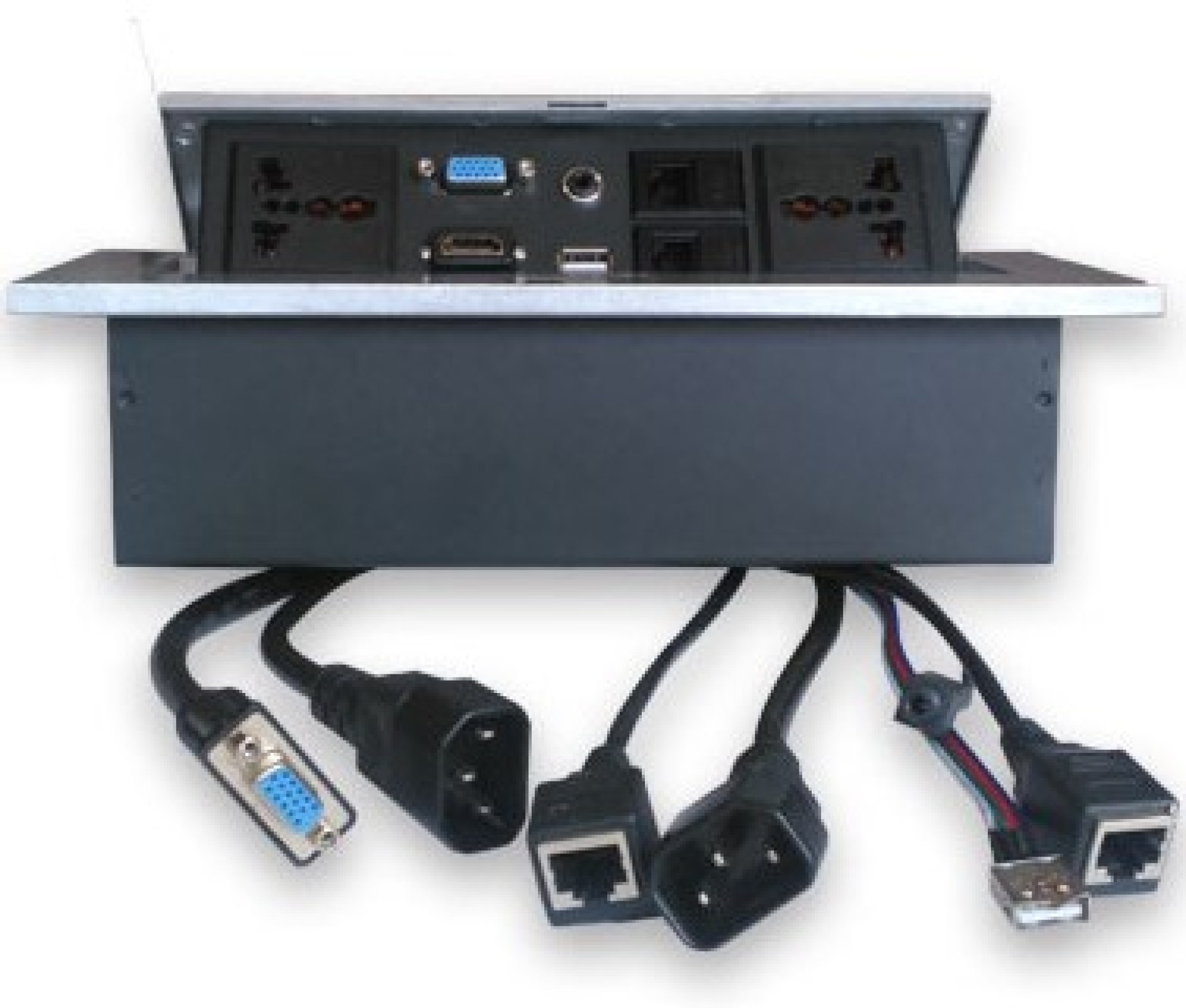 Caja de Mesa – RJ45 Cat 5e, HDMI, SVGA, USB V2.0, 3.5 mm, Nema 5-15R, Plata, BROBOTIX 005514