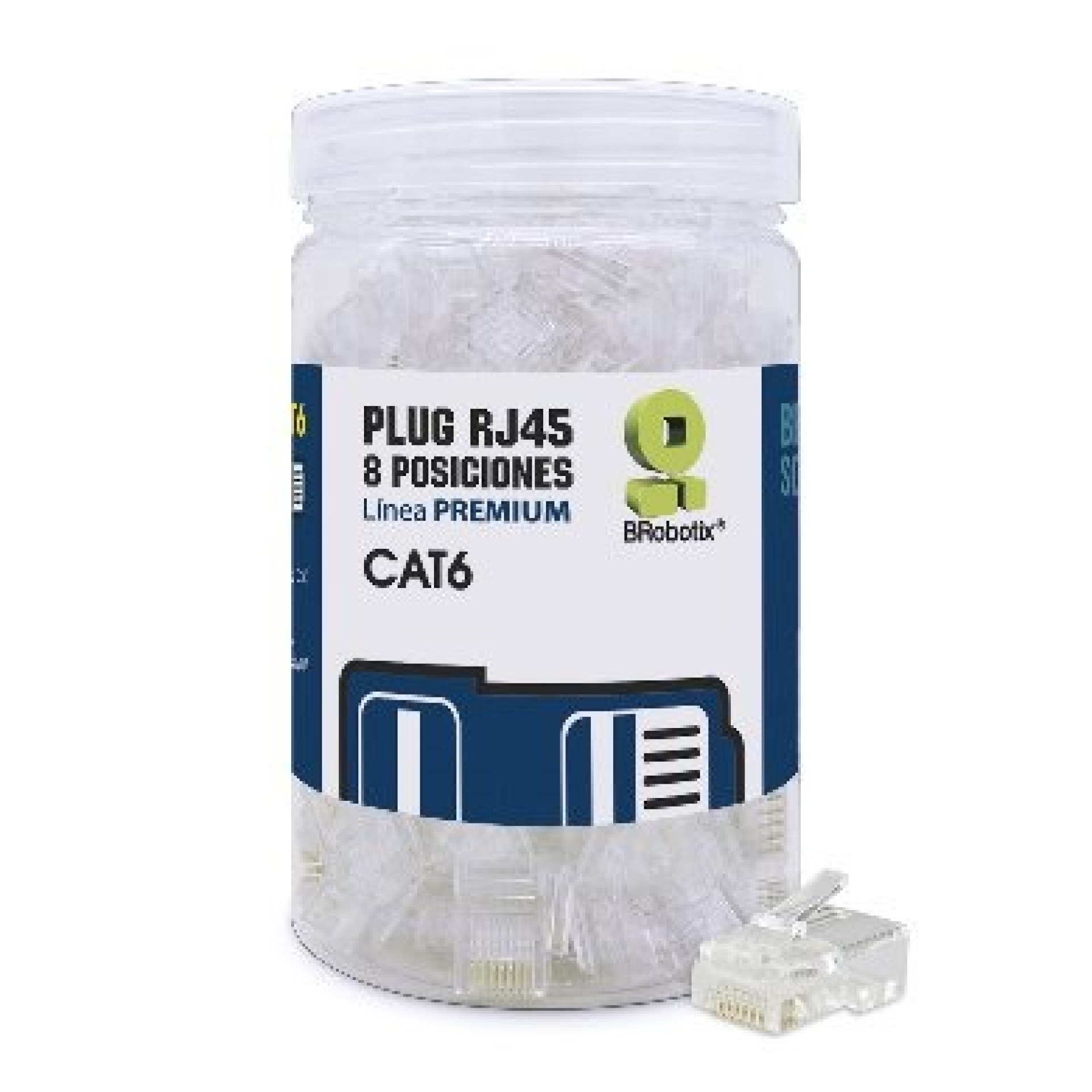 Plugs RJ45 – CAT6, Multifilar, Modular, UTP sólido, Bote c/100 Pzs, Contactos c/Chapa de oro a 30 micras, Transparente, 263861 BROBOTIX
