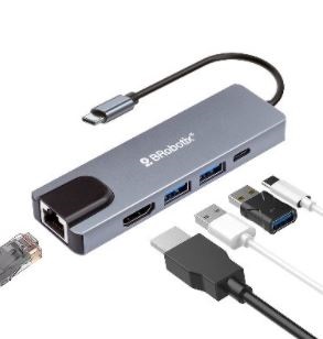 DOCKING STATION  5 EN 1: USB V3.0 TIPO C A HDMI – 2 PUERTOS USB V3.0, USB TIPO C, RJ45 GIGABIT, BROBOTIX 6000694