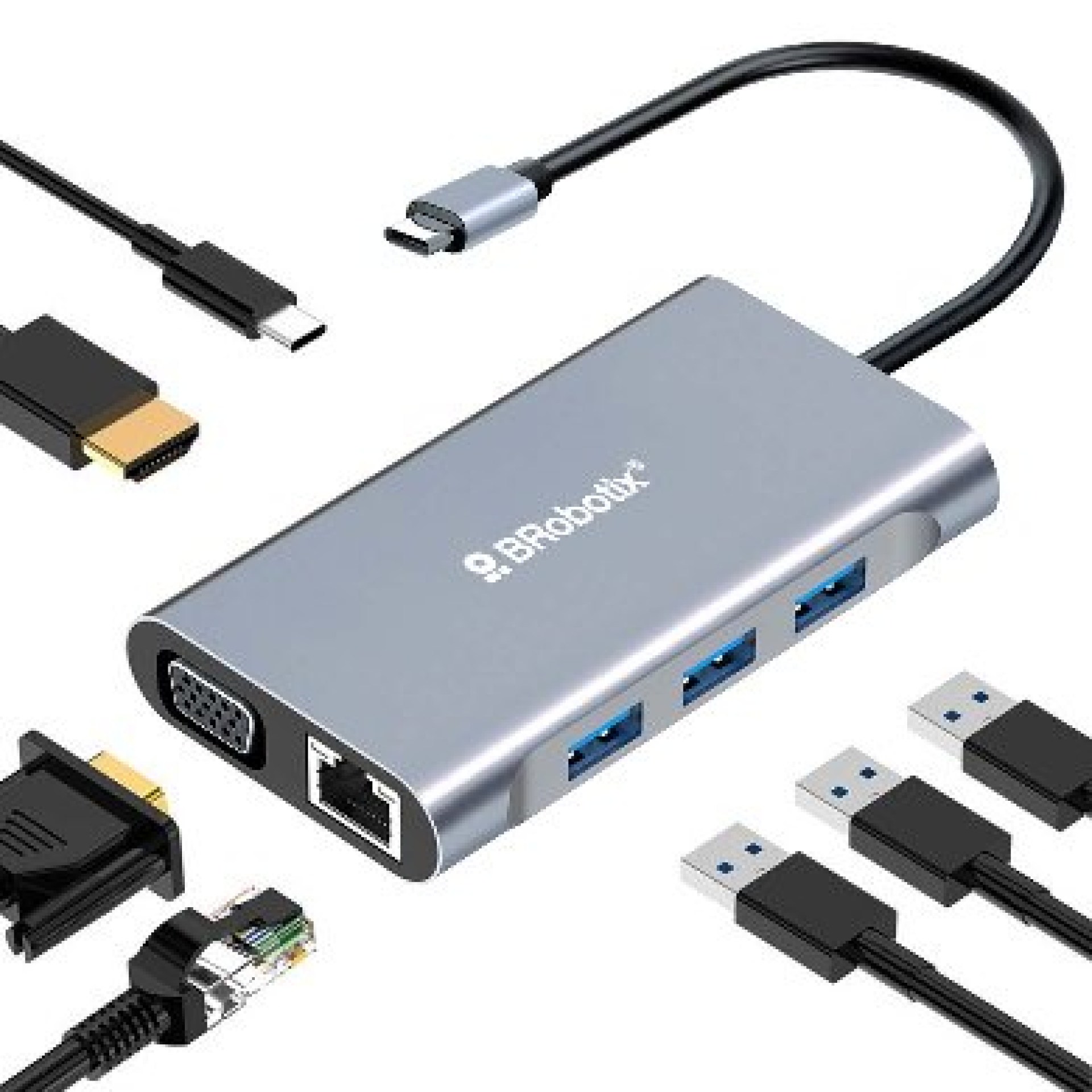 Docking Station USB C – 7 EN 1, HDMI/RJ45 RJ45 10/100 A/USB C/VGA. BROBOTIX 60001202