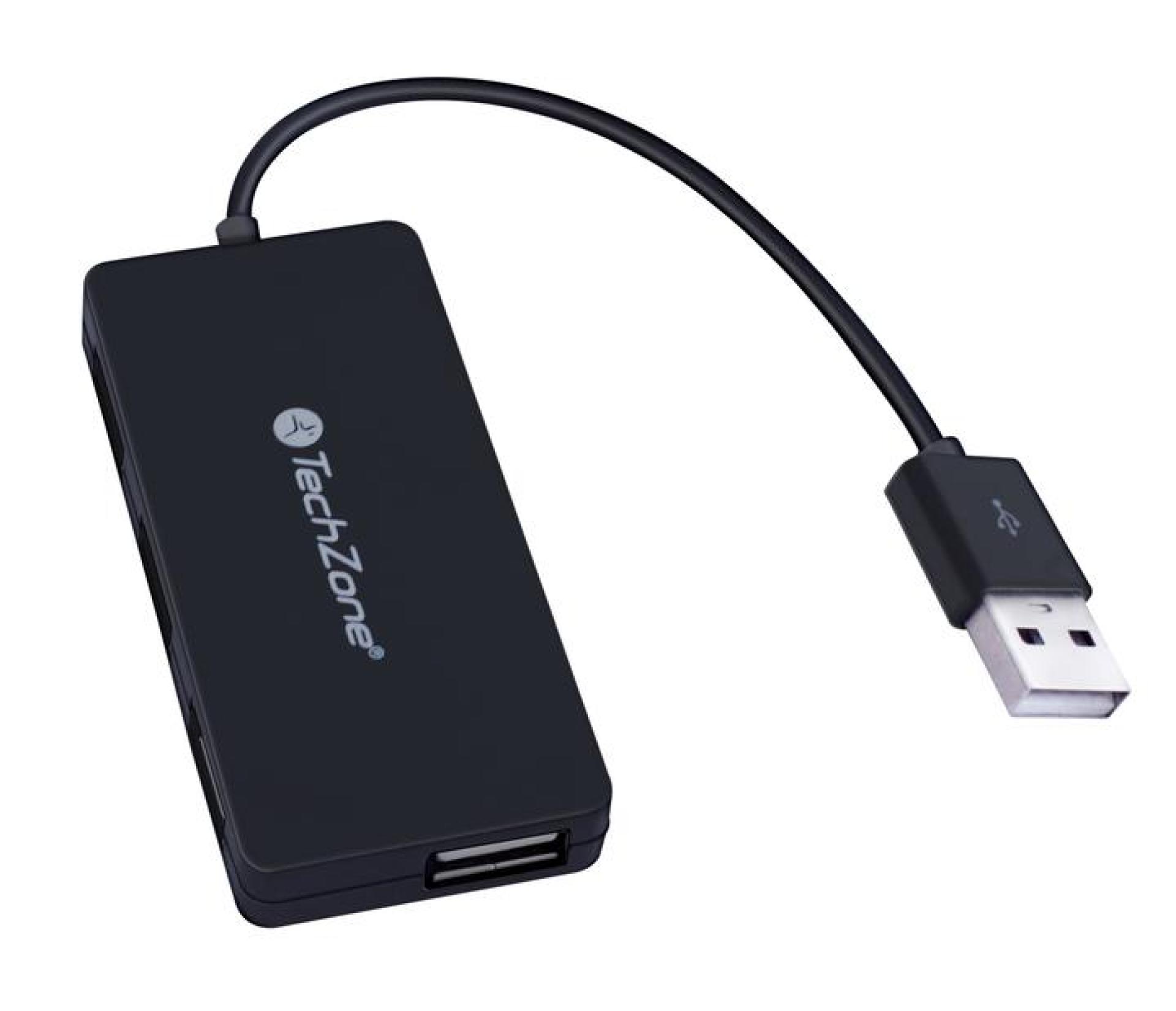 Hub TechZone – 4 puertos USB 2.0, color negro, 1 año de garantía.