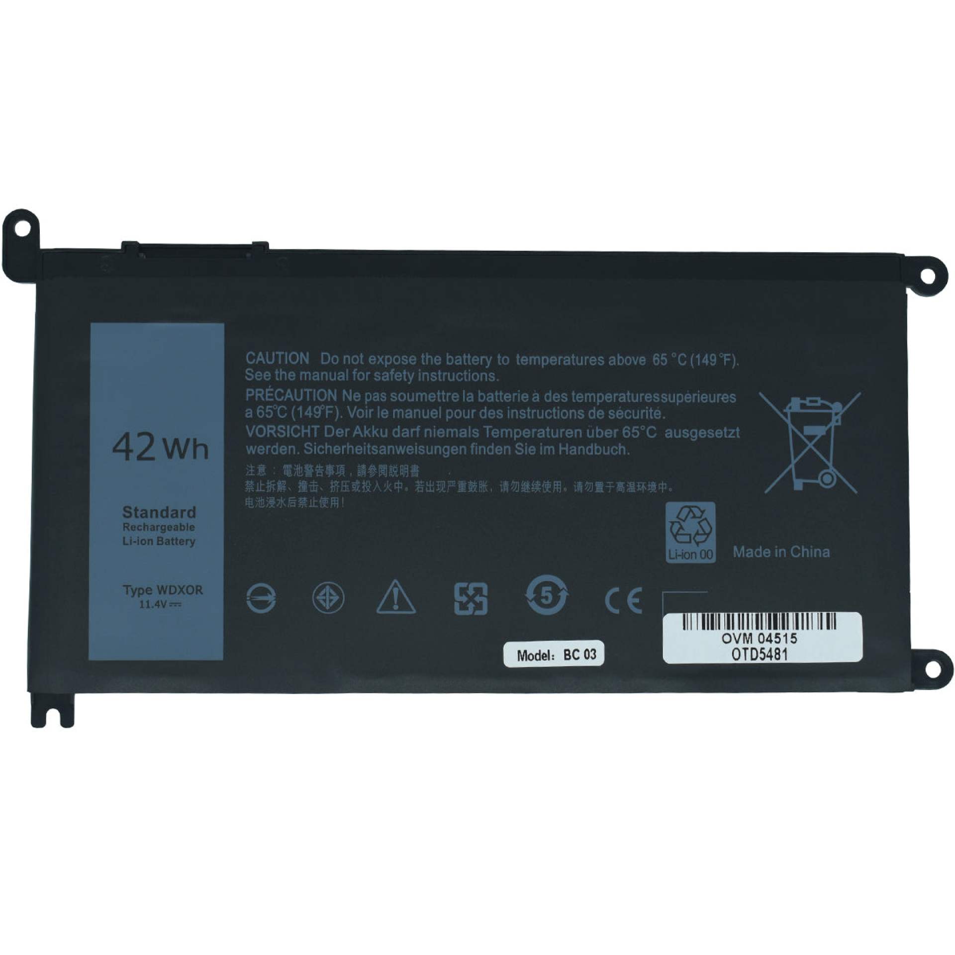 Bateria para Laptop OTD5481 OVALTECH Polimero 11.4V para DELL 13 5368 5378 5379 14 15 5565 5567 5568 5578 P58F 17 5765 5767 5770 T2JX4 FC92N WDX0R –