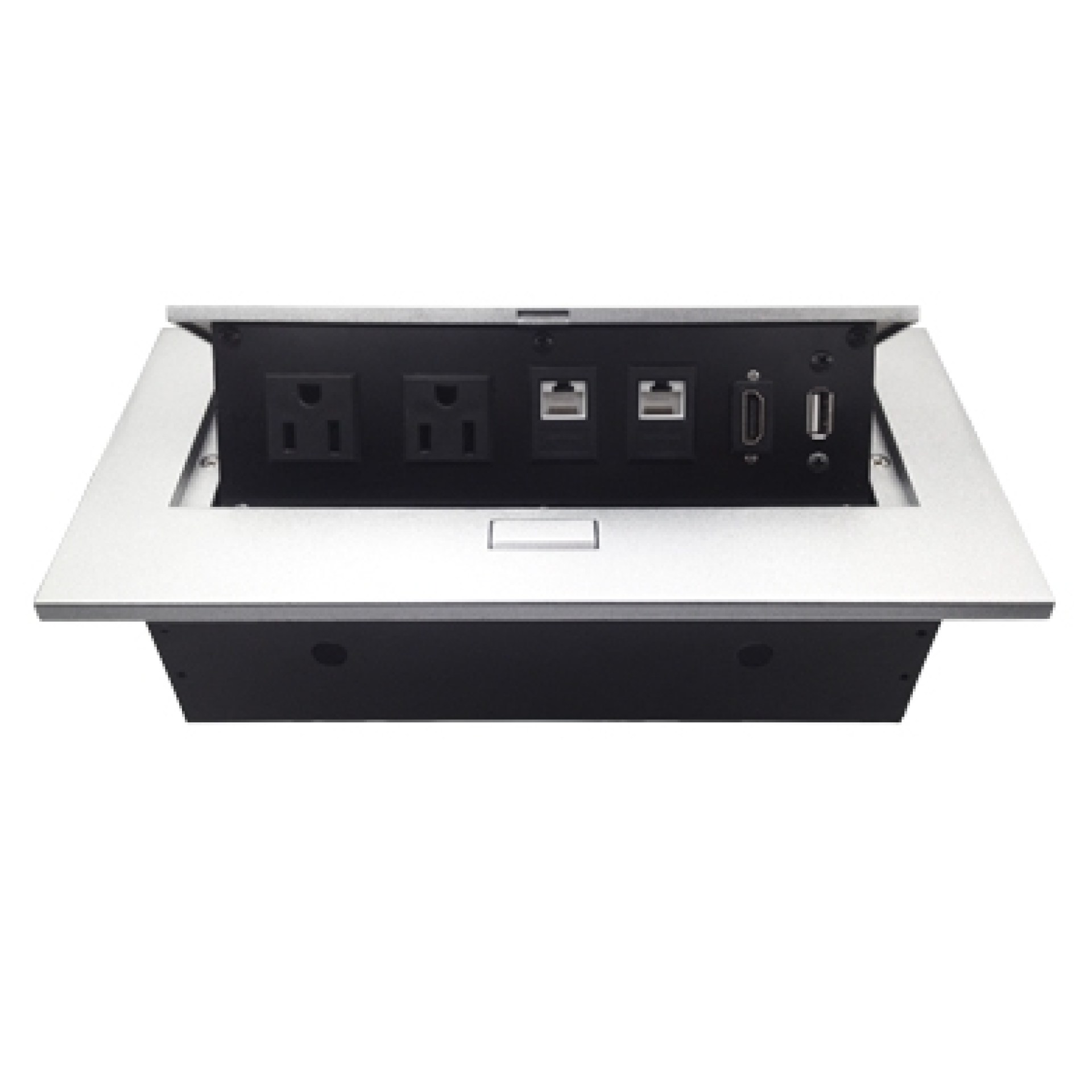 Caja de Mesa – RJ45 Cat 6, HDMI, USB V2.0, Nema 5-15R, Plata, BROBOTIX 171224