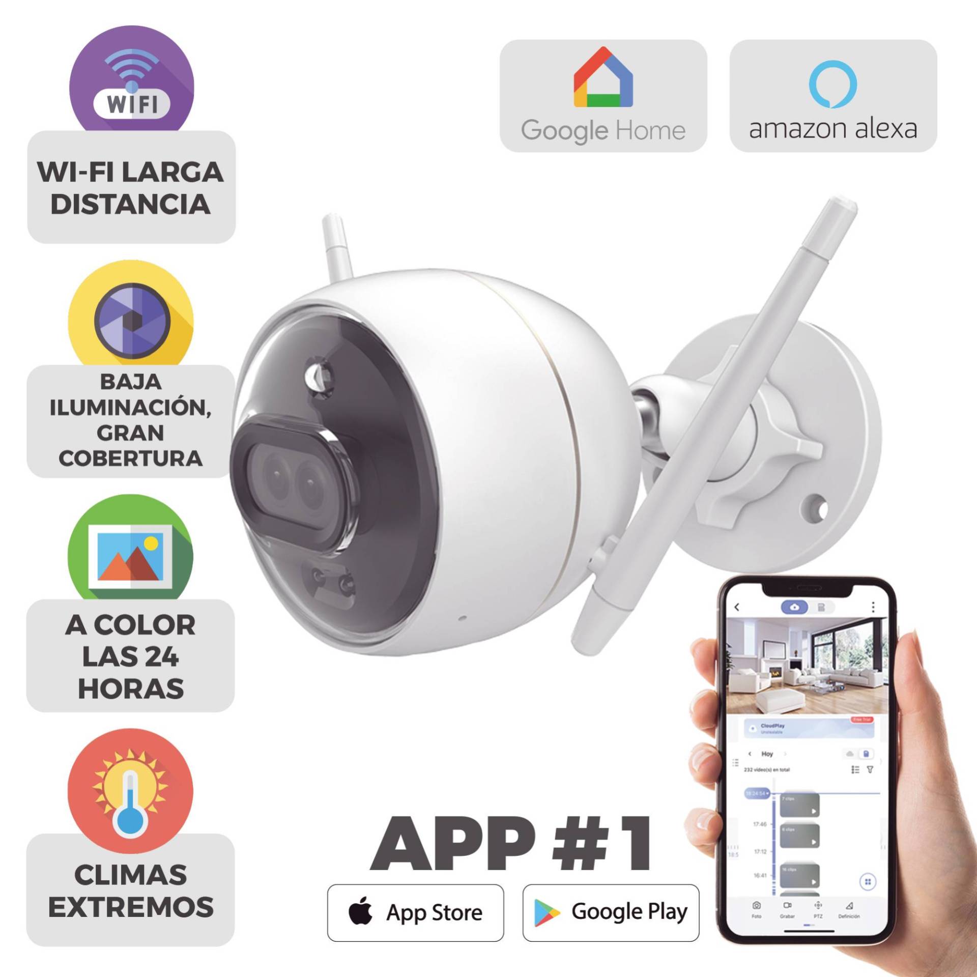 EZViZ (C3X) Cámara Bala – Máxima Resolución 1080P (2MP), 2.8mm 30m, Generales H265 SD(256GB) Nube Exterior, Audio Micrófono / Fuente Micro USB 5Vcd/5W.