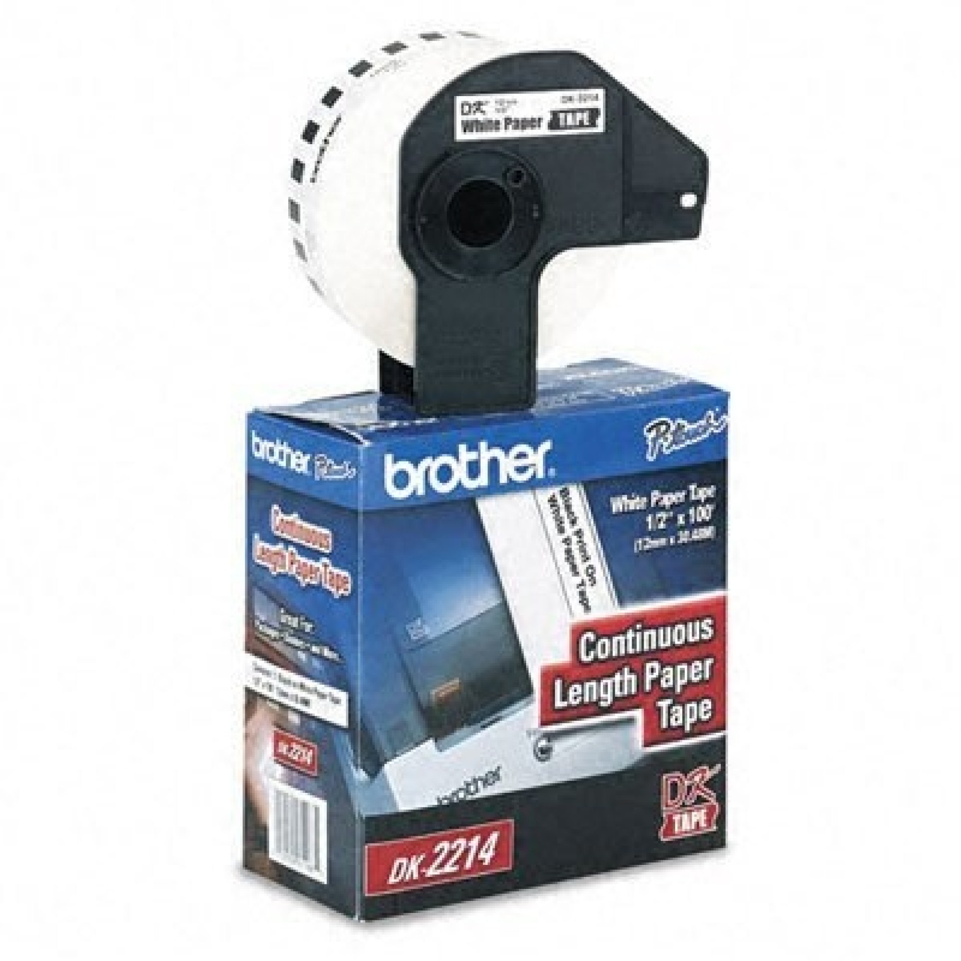 Etiqueta blanca continua de papel Brother DK2214 de 12 mm de ancho x 30.4 mts de largo. Impresión en negro. QL800 / QL810W / QL1110NWB. –