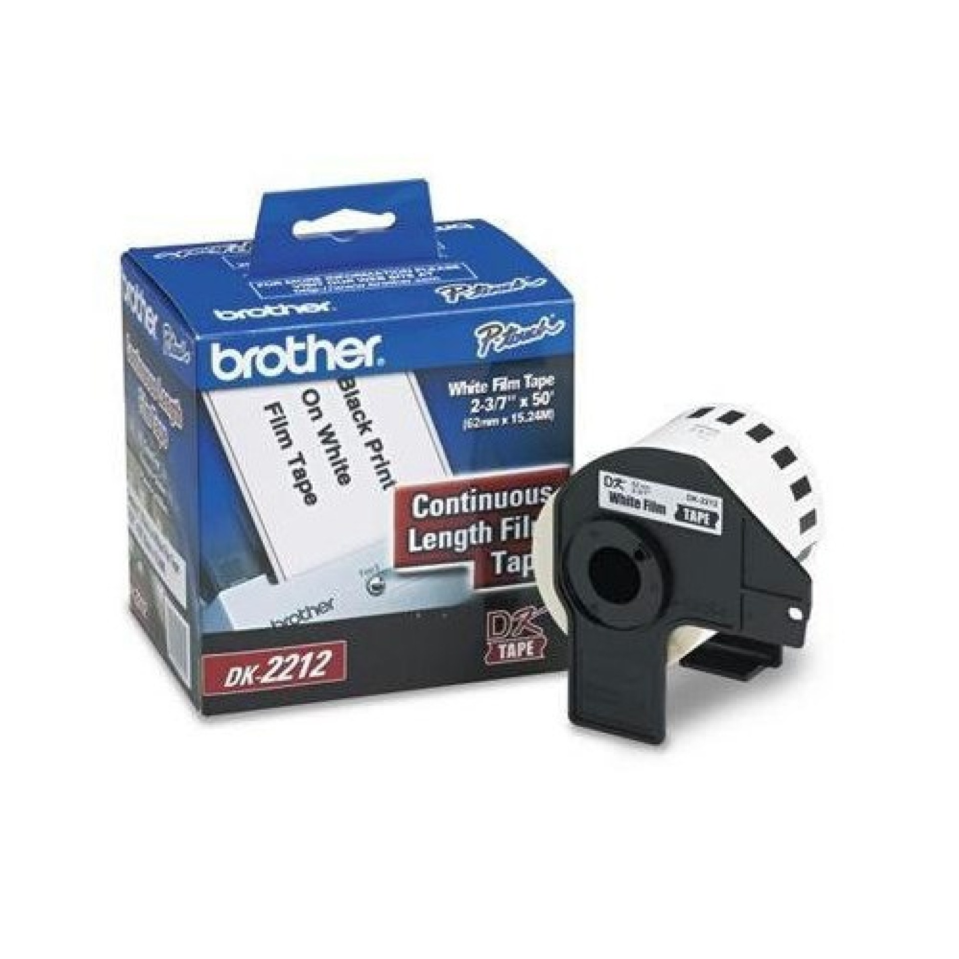 Etiqueta blanca plástica continua no laminada Brother DK2212 de 62 mm de ancho x 15.2 mts de largo. Impresión en negro. QL800 / QL810W / QL1110NWB. –