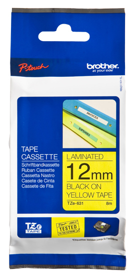 Etiqueta amarilla continua laminada Brother TZE631 – de 12 mm de ancho x 8 mts de largo. Impresión en negro.