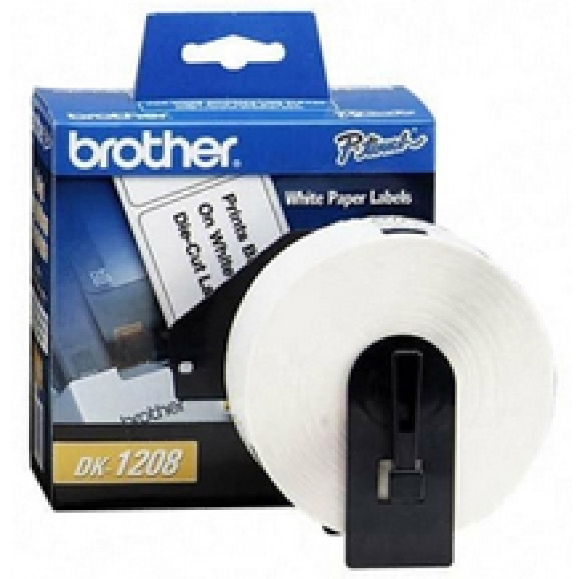 Etiqueta blanca de papel Brother DK1208 – 400 etiquetas de 38 mm de ancho x 90.3 mm de largo. Impresión en negro. QL800 / QL810W / QL1110NWB.