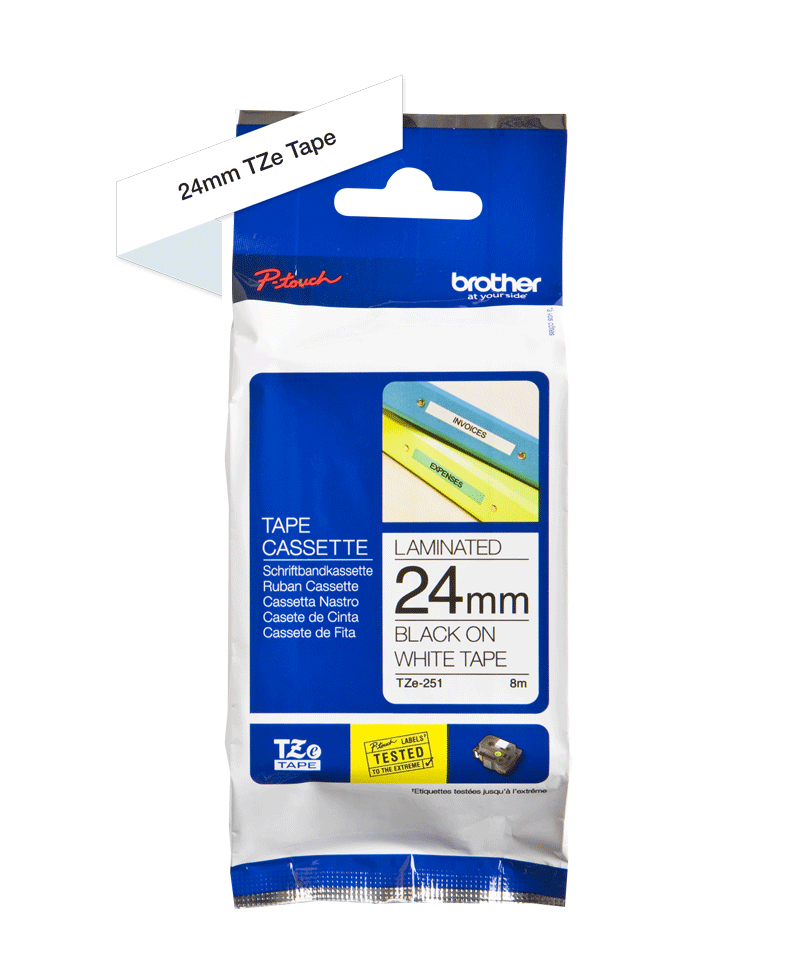 Etiqueta blanca continua laminada Brother TZE251 – de 24 mm de ancho x 8 mts de largo. Impresión en negro