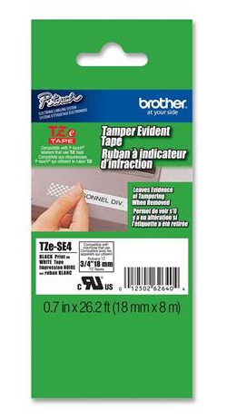 Etiqueta blanca continua laminada de seguridad Brother TZESE4 – de 18 mm de ancho x 8 mts de largo. Impresión en negro.