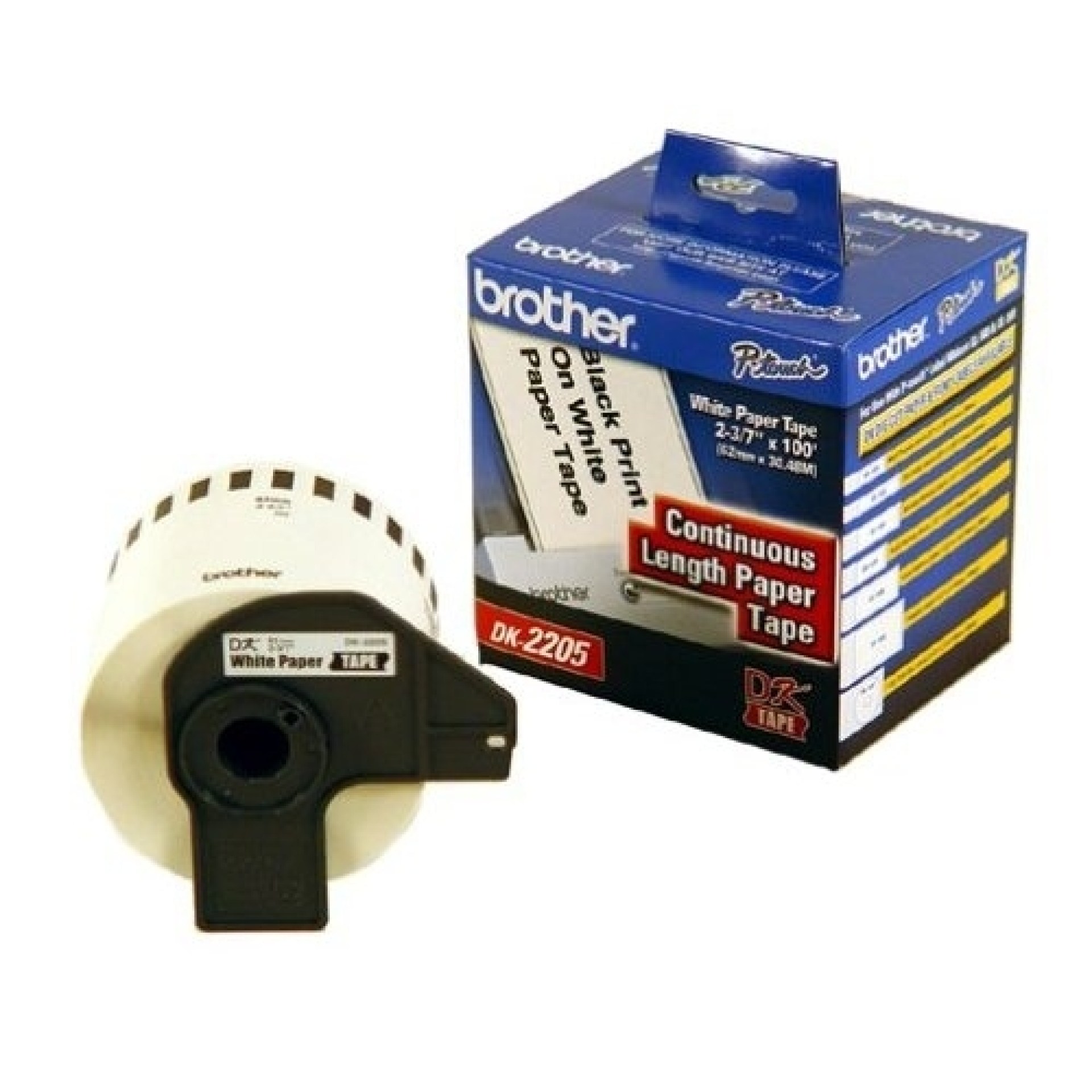 Etiqueta blanca continua de papel Brother DK2205 de 62 mm de ancho x 30.4 mts de largo. Impresión en negro. QL800 / QL810W / QL1110NWB. –