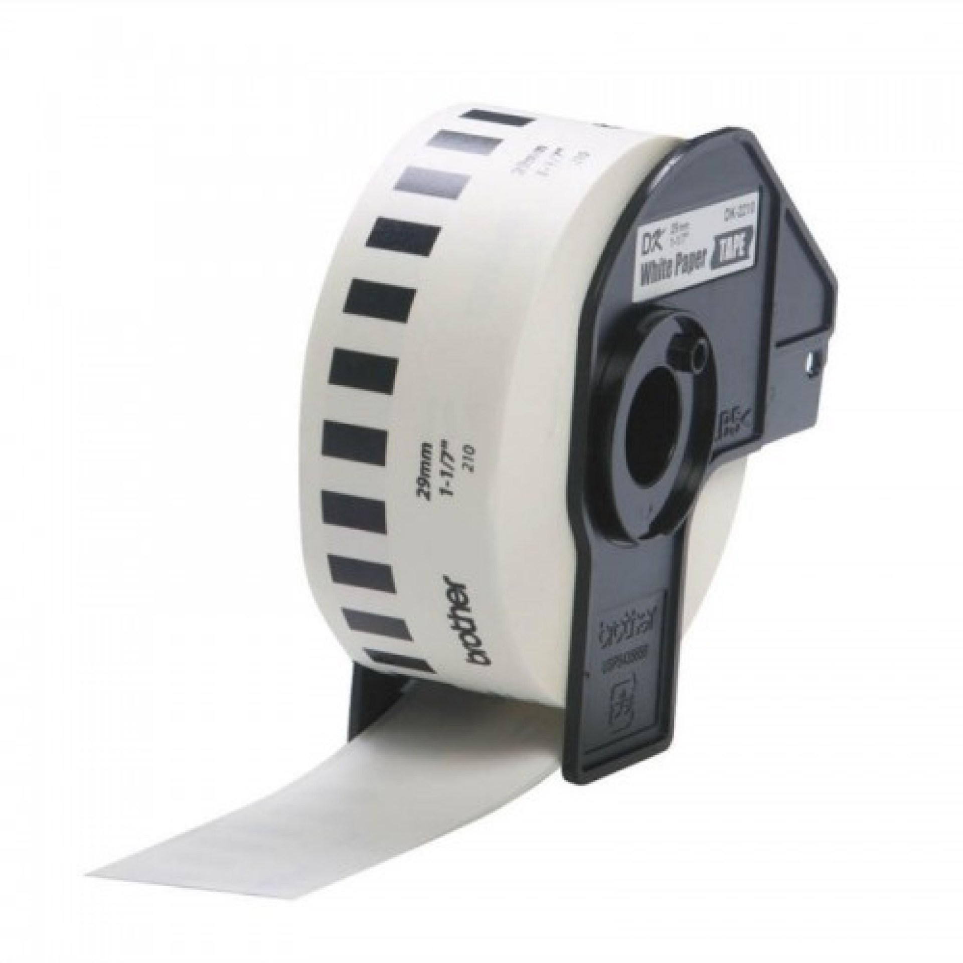 Etiqueta blanca continua de papel Brother DK2210 de 29 mm de ancho x 30.4 mts de largo. Impresión en negro. QL800 / QL810W / QL1110NWB. –