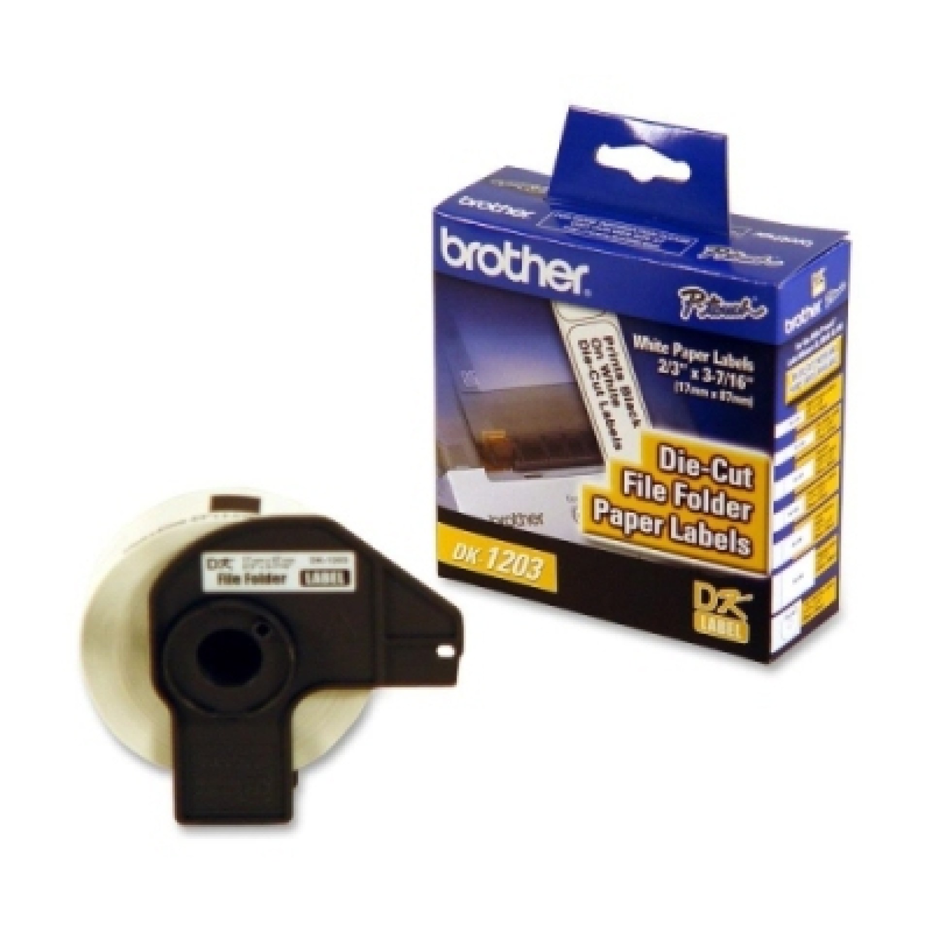 Etiqueta blanca de papel Brother DK1203 – 300 etiquetas de 17 mm de ancho x 87.1 mm de largo. Impresión en negro. QL800 / QL810W / QL1110NWB.