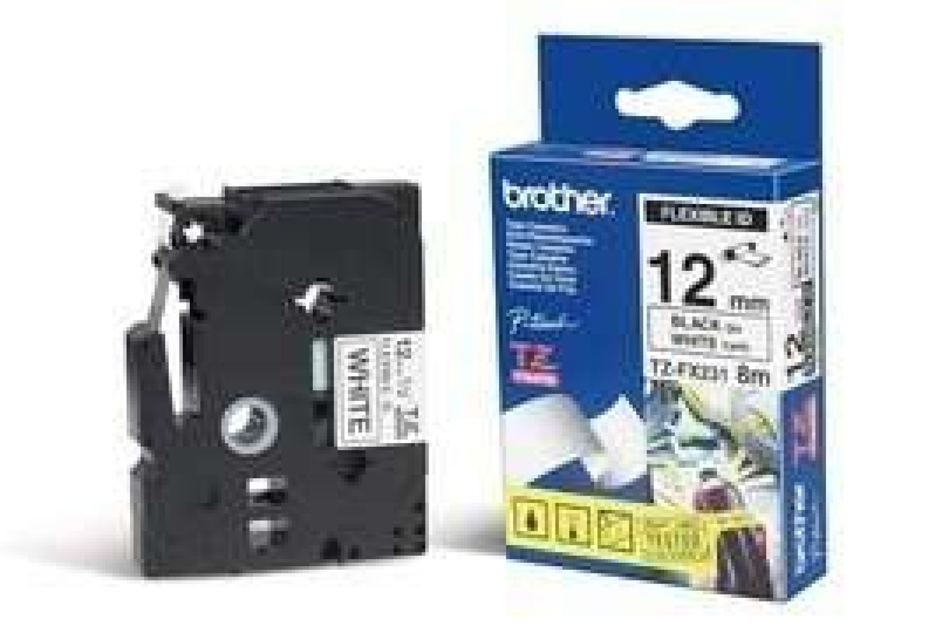 Etiqueta blanca continua laminada flexible Brother TZEFX231 – de 12 mm de ancho x 8 mts de largo. Impresión en negro.