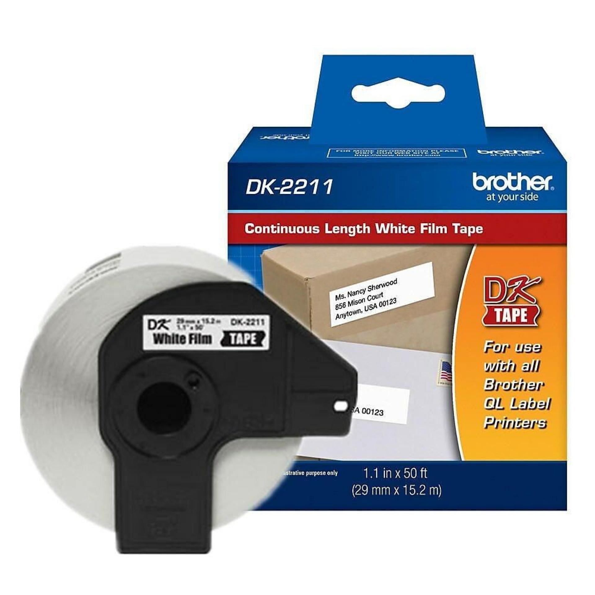 Etiqueta blanca plástica continua no laminada Brother DK2211 de 29 mm de ancho x 15.2 mts de largo. Impresión en negro. QL800 / QL810W / QL1110NWB. –