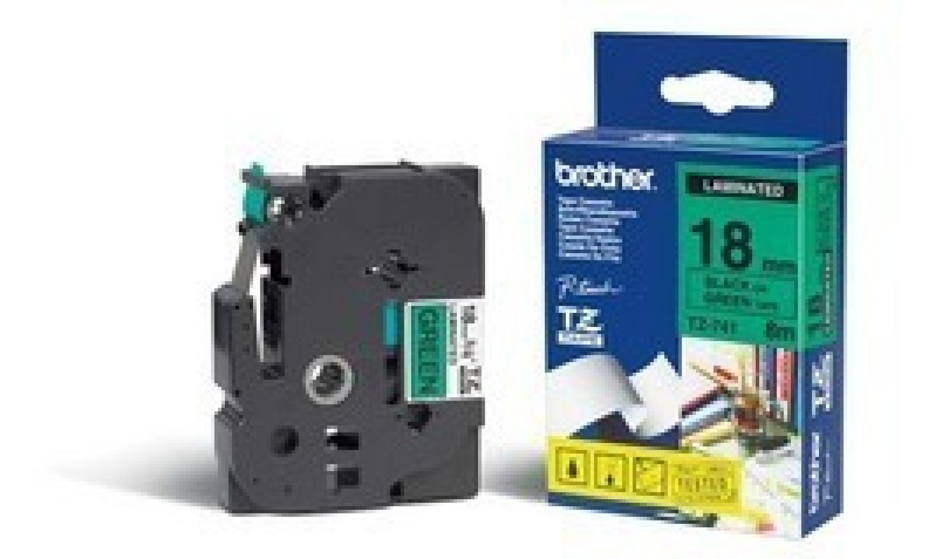 Etiqueta verde continua laminada Brother TZE741 – de 18 mm de ancho x 8 mts de largo. Impresión en negro.