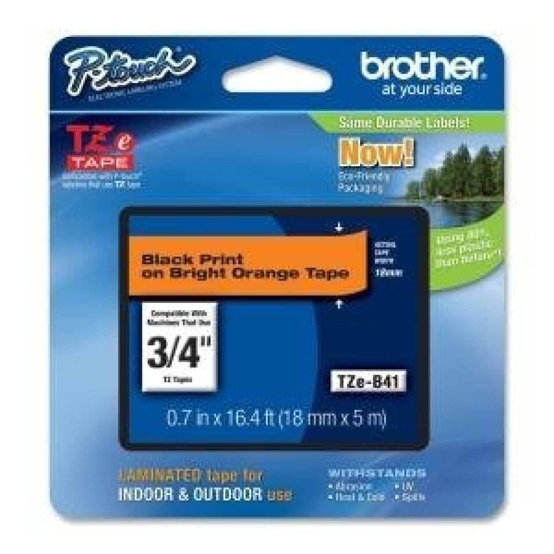 Etiqueta naranja continua laminada Brother TZEB41 – de 18 mm de ancho x 5 mts de largo. Impresión en negro.