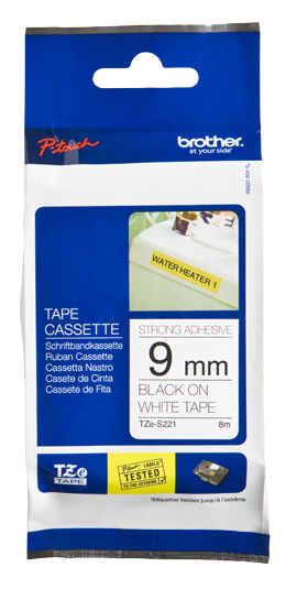 Etiqueta blanca continua laminada con adhesivo super resistente Brother TZES221 – de 9 mm de ancho x 8 mts de largo. Impresión en negro.
