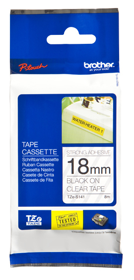 Etiqueta clara continua laminada con adhesivo super resistente Brother TZES141 – de 18 mm de ancho x 8 mts de largo. Impresión en negro.