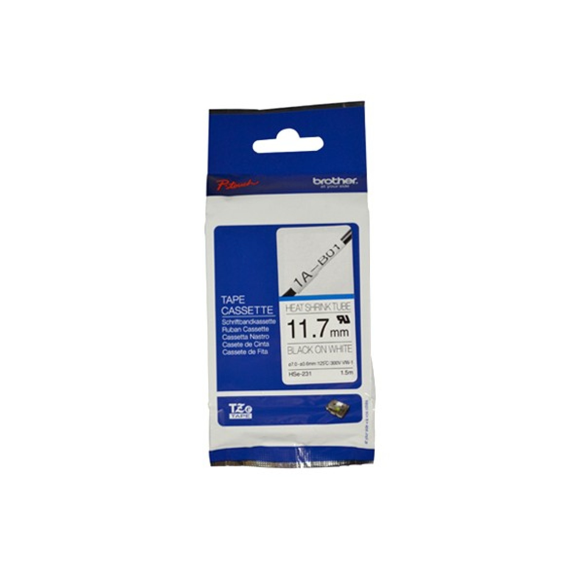 Etiqueta blanca continua termoretráctil Brother HSE231 – de 11.7 mm de diámetro X 1.5 mts de largo. Impresión en negro.