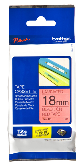 Etiqueta roja continua laminada Brother TZE441 – de 18 mm de ancho x 8 mts de largo. Impresión en negro.