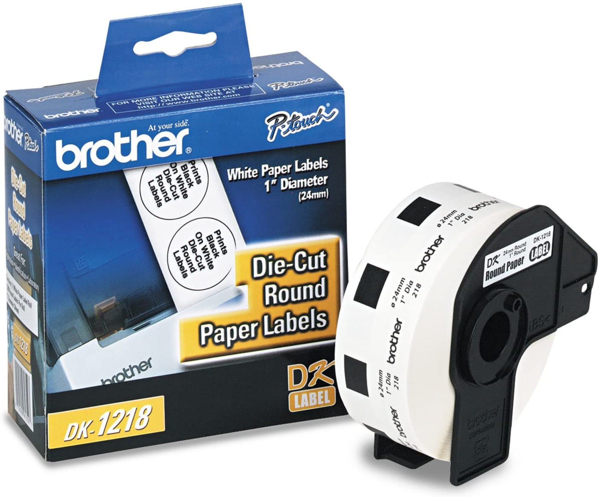 Etiqueta blanca de papel Brother DK1218 – 1000 etiquetas de 24 mm de diametro. Impresión en negro. QL800 / QL810W.