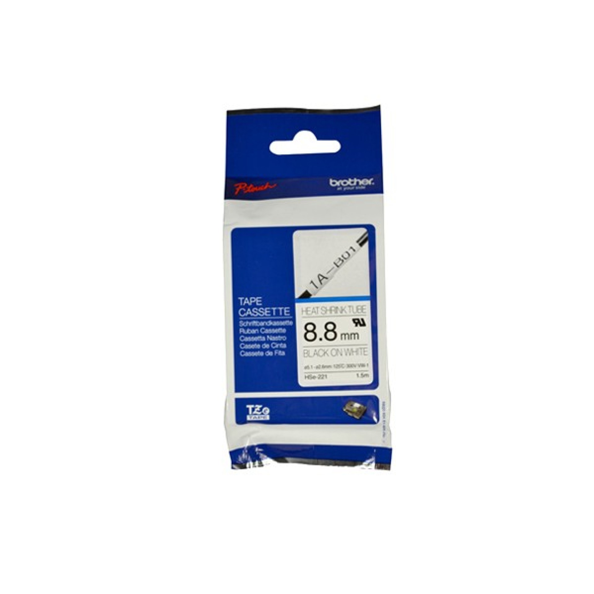 Etiqueta blanca continua termoretráctil Brother HSE221 – de 8.8 mm de diámetro X 1.5 mts de largo. Impresión en negro.