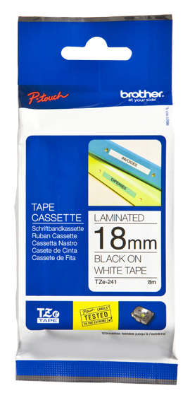 Etiqueta blanca continua laminada Brother TZE241 – de 18 mm de ancho x 8 mts de largo. Impresión en negro.