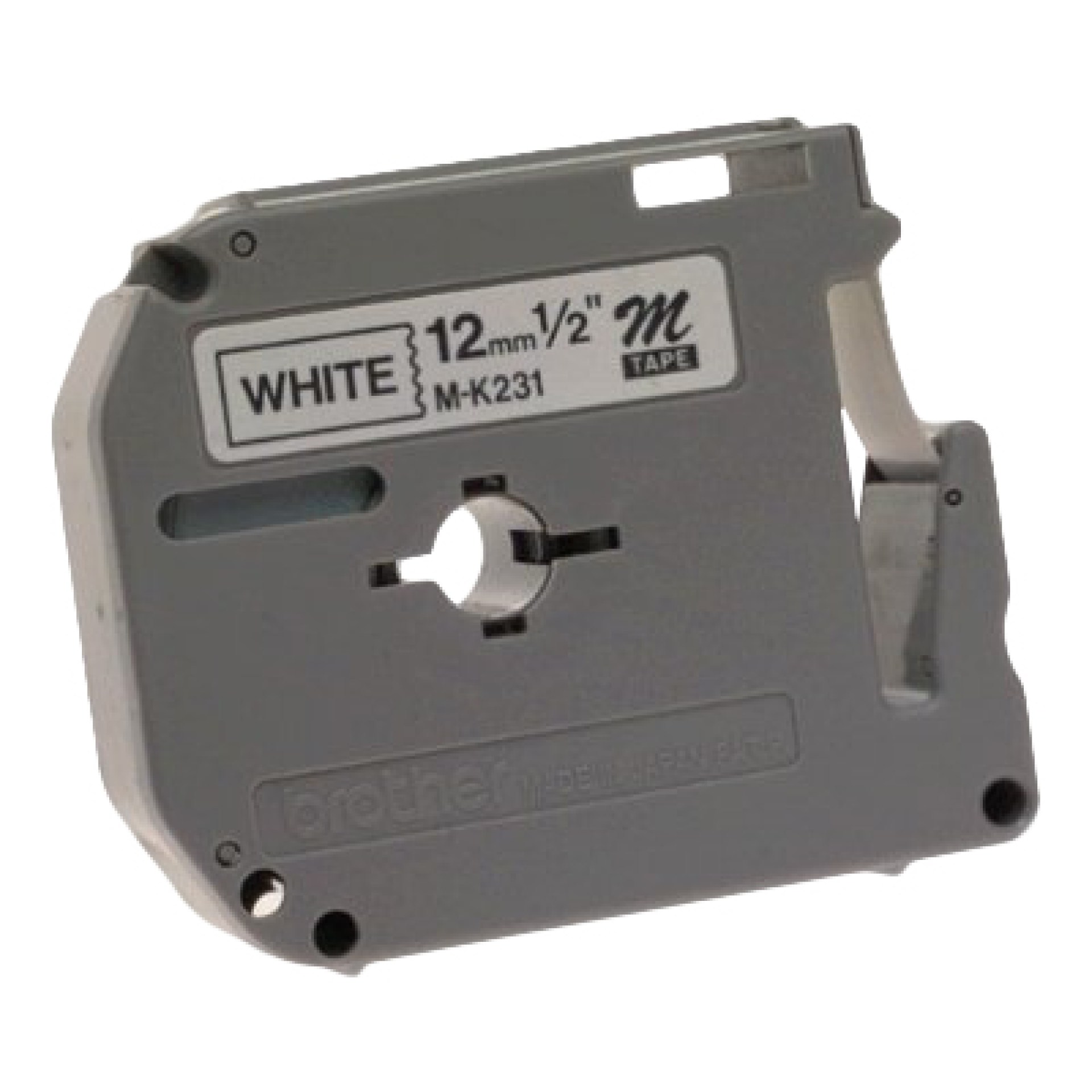 Etiqueta blanca continua plástica no laminada Brother M231 – de 12 mm de ancho x 8 mts de largo. Impresión en negro.