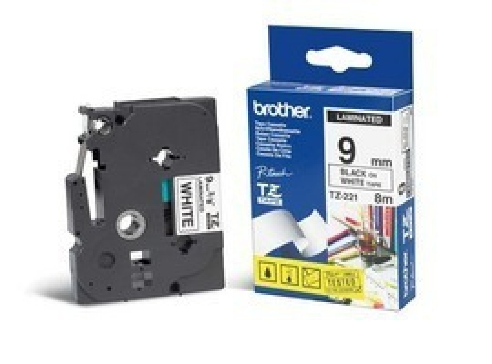Etiqueta blanca continua laminada Brother TZE221 – de 9 mm de ancho x 8 mts de largo. Impresión en negro.