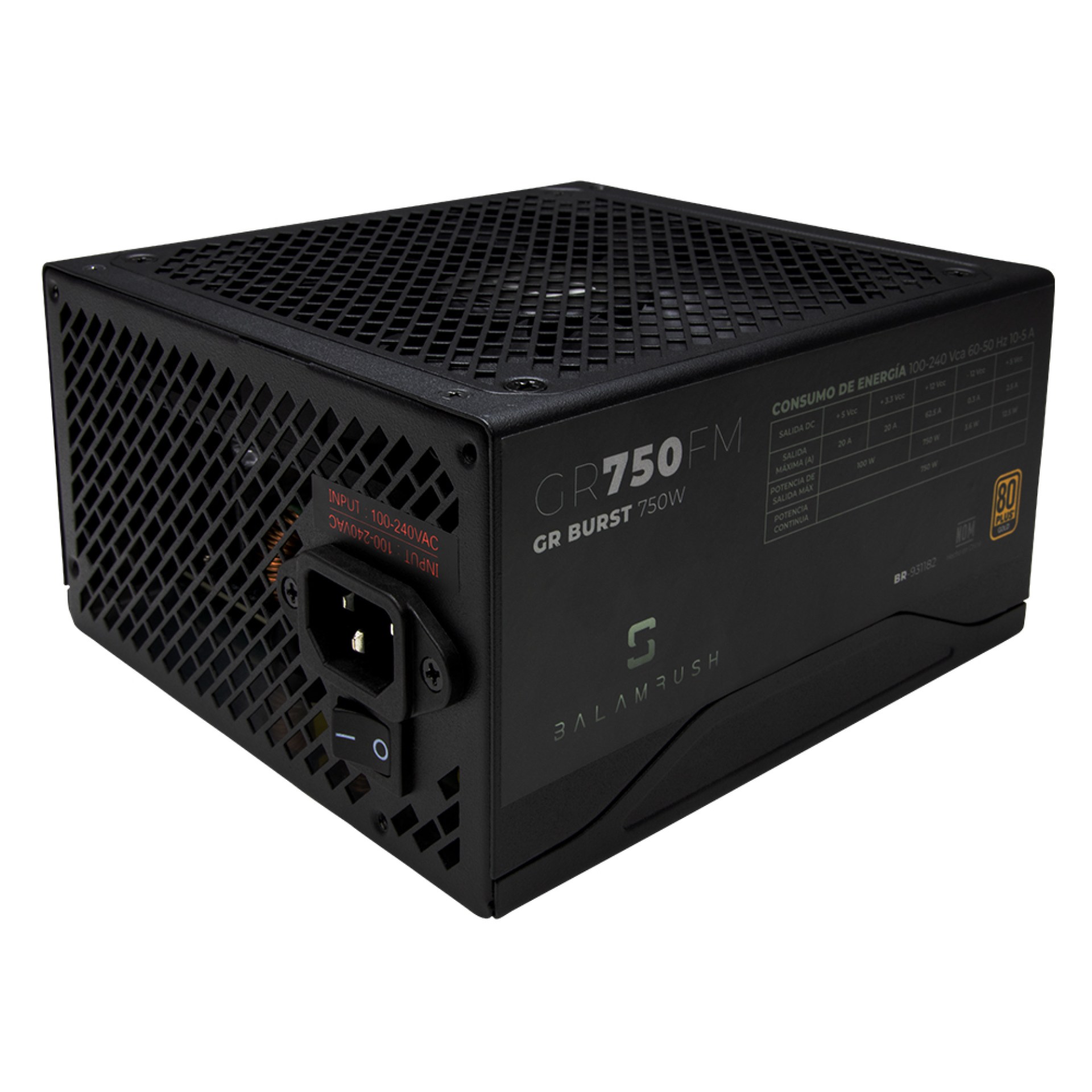 Fuente de Poder GAMER BALAM RUSH ATX 750 W 80 PLUS GOLD FULL Modular 1X20+4 PIN -1XEPS 4+4 PIN -4XPCIE 6+2 PIN -6XSATA -3XMOLEX -1XFLOPPY –