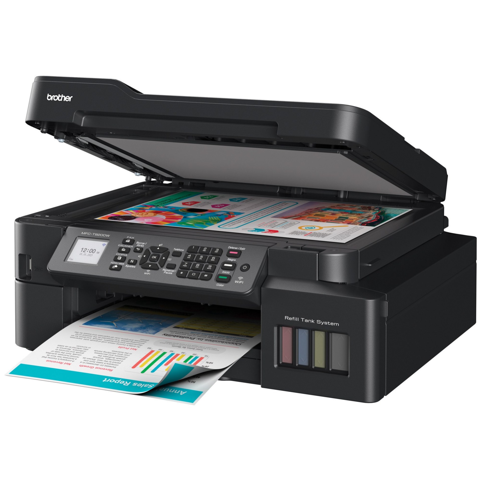 Multifuncional Tinta Continua Brother MFCT920DW – 30 ppm negro/26 ppm color, dúplex, Wifi/LAN, cama plana tamaño carta, ADF hasta 20 páginas, Easy Setup