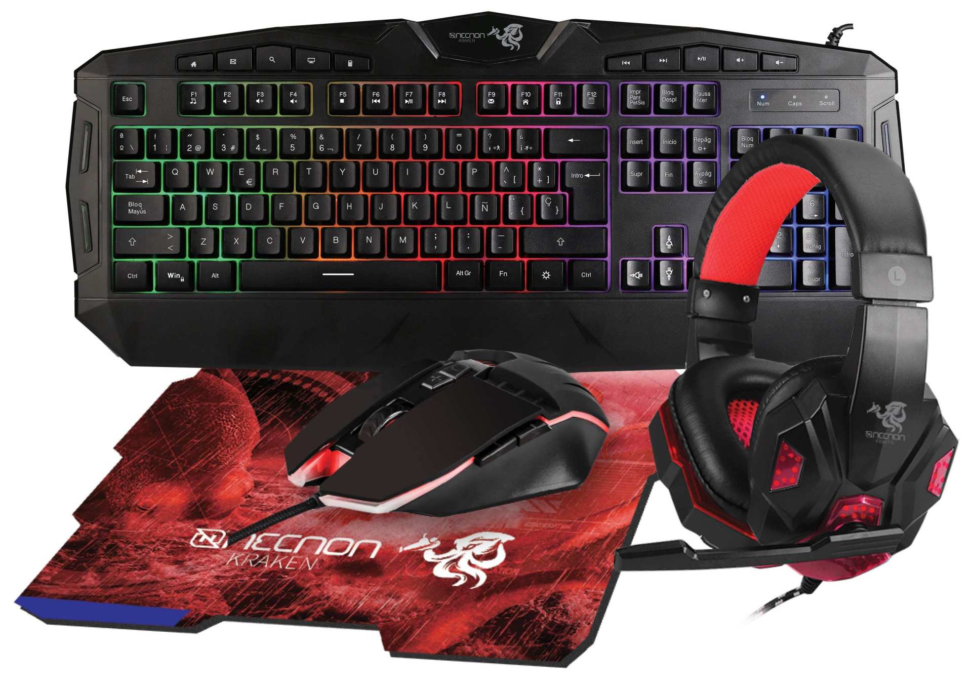 KIT GAMING 4 EN 1 NGC-KRAKEN AUDIFONOS LED TECLADO 114 TECLAS MOUSE 7 BOTONES HASTA 3200DPI MOUSEPAD ROJO –